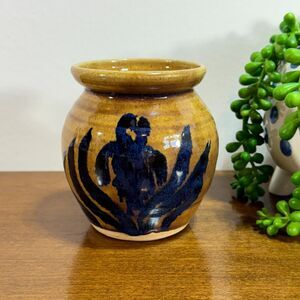 Phil Morgan Pottery Jar 1999 Vintage Pot Brown Blue 3" x 4"